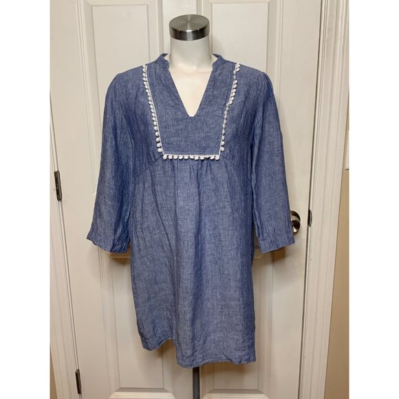Boden Blue Chambray Denim Pom-Pom Bib Tunic Top, Size 8P - Picture 1 of 7